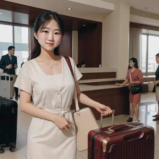 Hotel guest with a suitcase in the lobby