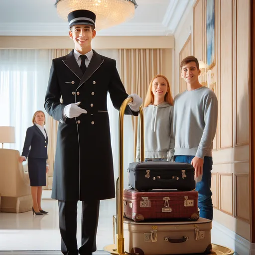 Hotel porter with a luggage trolley and guests